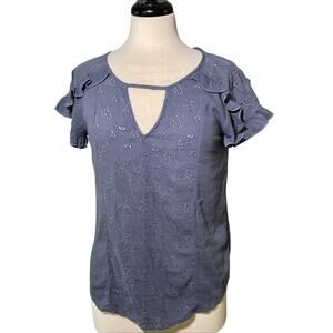 Susina Women's Size XS/P Shirt Blue Eyelet Lace Inlay Cotton Blend Made in India